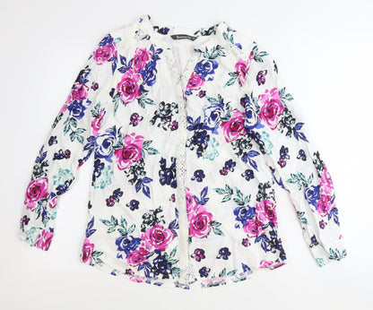 Bonmarché Womens White Floral Viscose Basic Button-Up Size 12 V-Neck