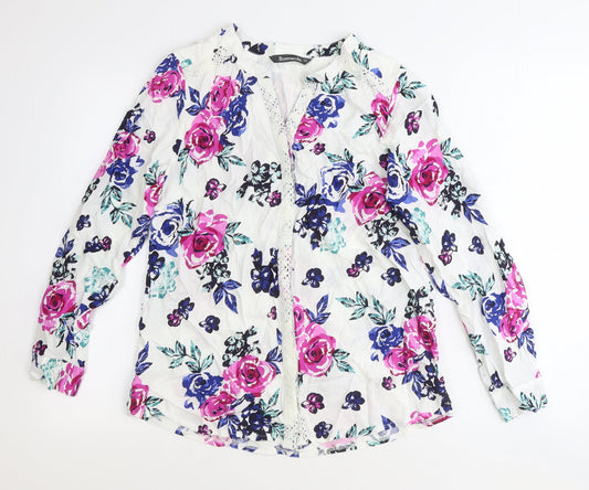 Bonmarché Womens White Floral Viscose Basic Button-Up Size 12 V-Neck
