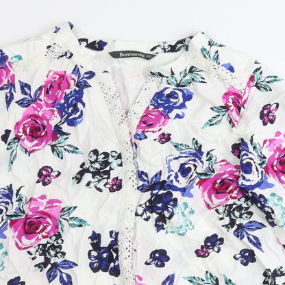 Bonmarché Womens White Floral Viscose Basic Button-Up Size 12 V-Neck