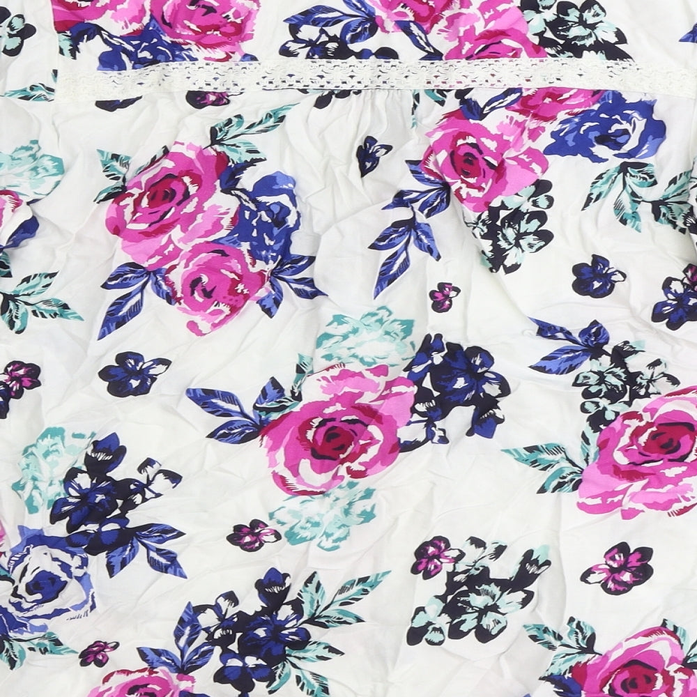 Bonmarché Womens White Floral Viscose Basic Button-Up Size 12 V-Neck