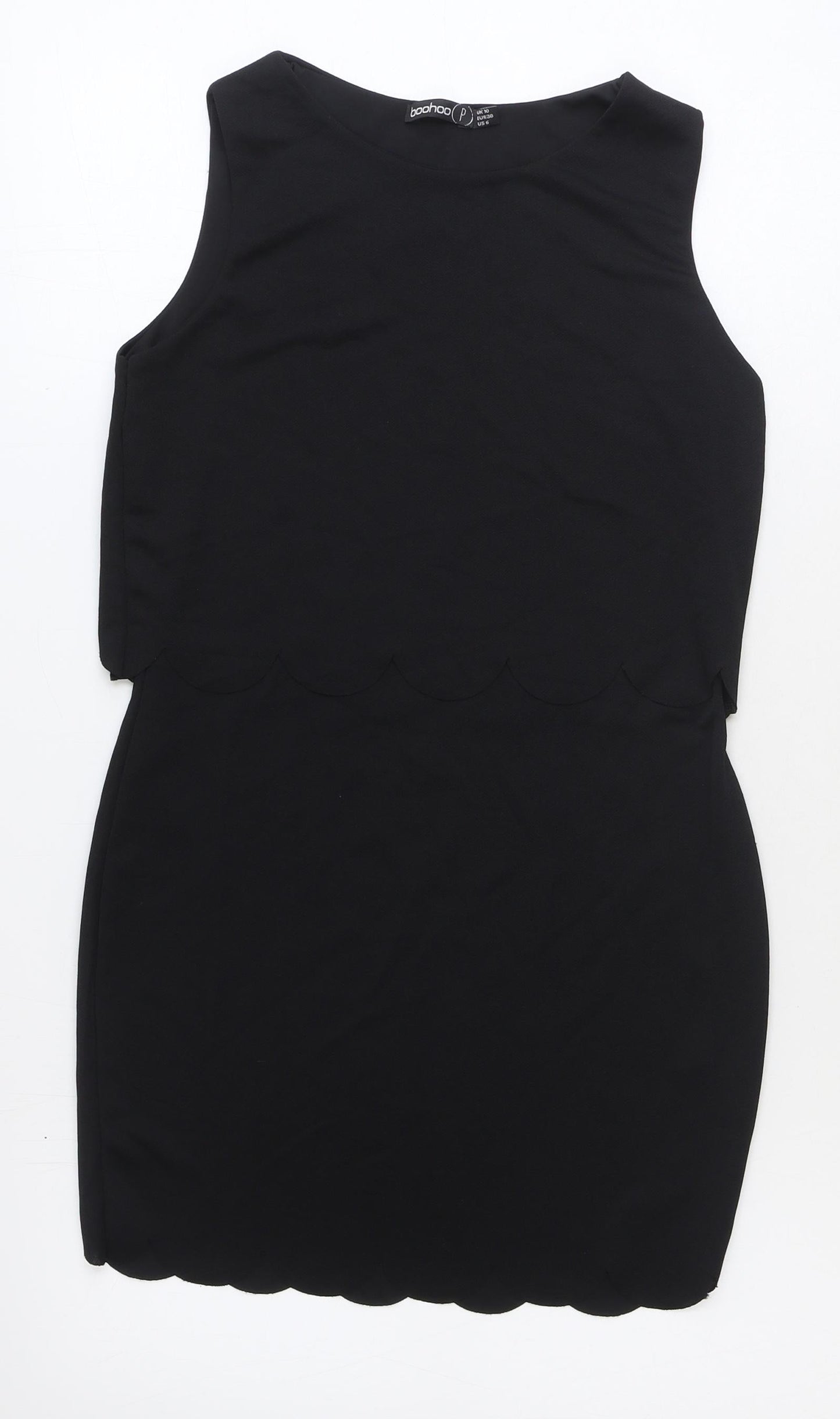 Boohoo Womens Black Polyester Mini Size 10 Boat Neck Pullover - Scallop Hem