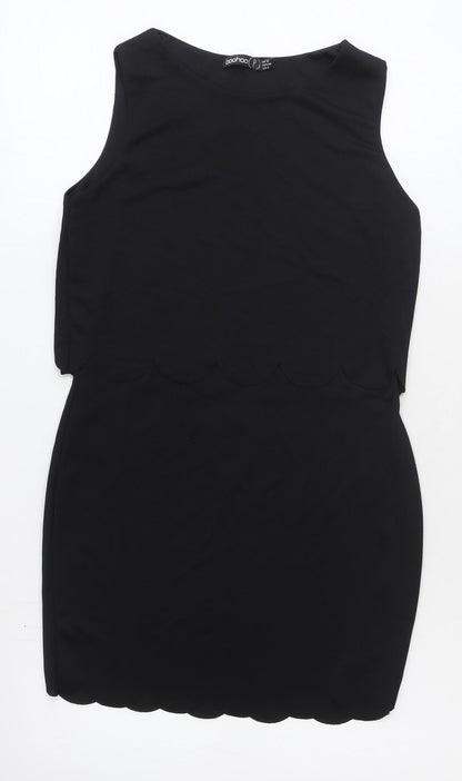 Boohoo Womens Black Polyester Mini Size 10 Boat Neck Pullover - Scallop Hem