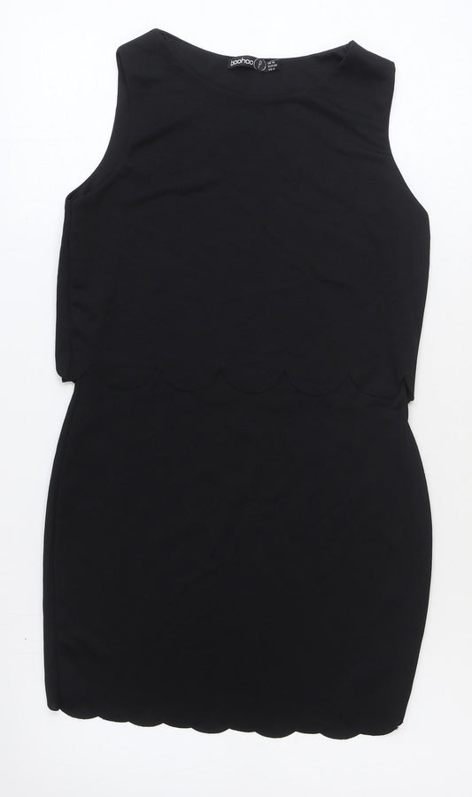 Boohoo Womens Black Polyester Mini Size 10 Boat Neck Pullover - Scallop Hem