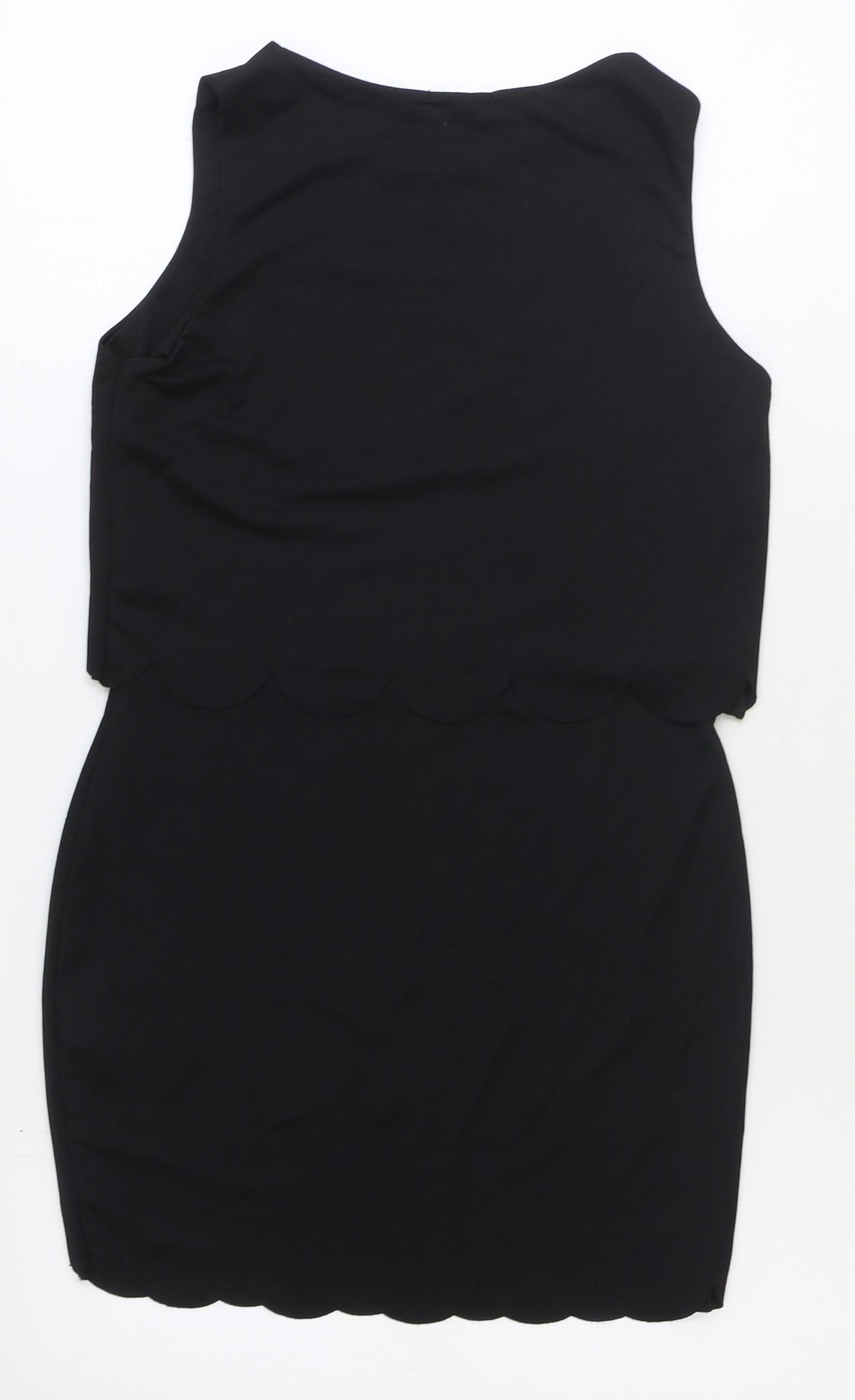 Boohoo Womens Black Polyester Mini Size 10 Boat Neck Pullover - Scallop Hem