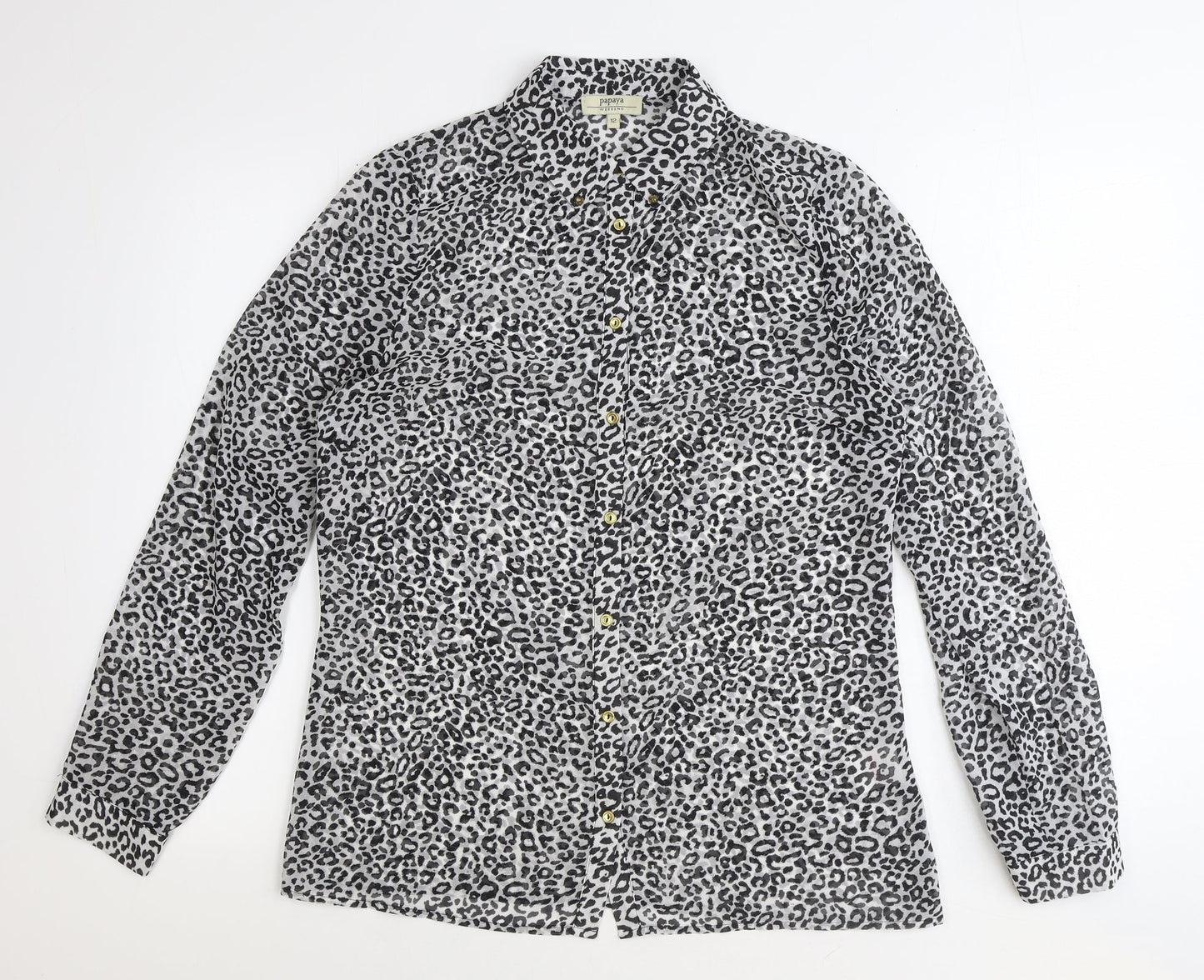 Papaya Womens Black Animal Print Polyester Basic Button-Up Size 12 Collared - Leopard Print