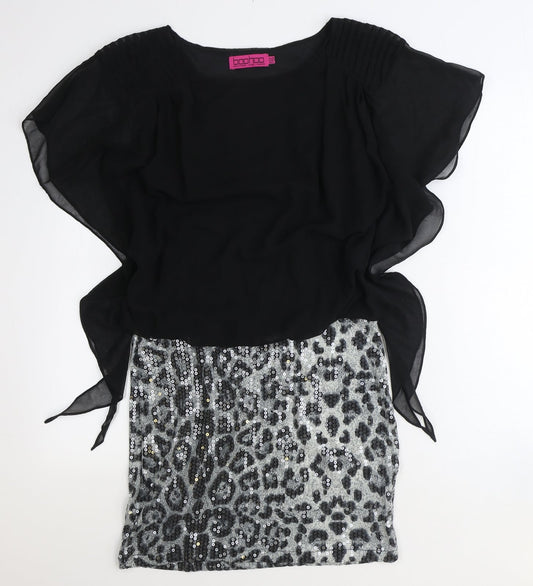 Boohoo Womens Black Animal Print Polyester A-Line Size 10 Round Neck Pullover - Leopard Pattern