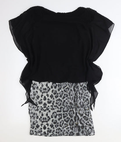 Boohoo Womens Black Animal Print Polyester A-Line Size 10 Round Neck Pullover - Leopard Pattern