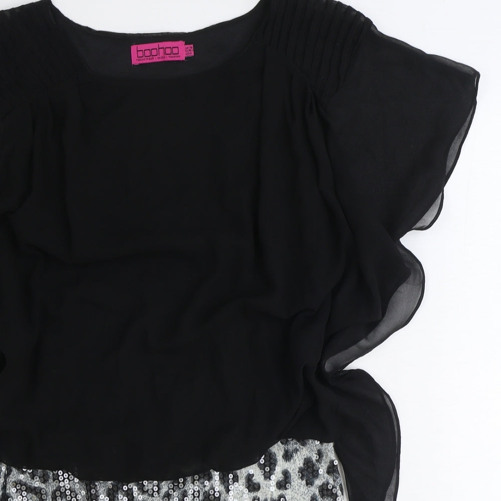 Boohoo Womens Black Animal Print Polyester A-Line Size 10 Round Neck Pullover - Leopard Pattern