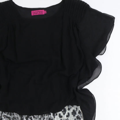 Boohoo Womens Black Animal Print Polyester A-Line Size 10 Round Neck Pullover - Leopard Pattern