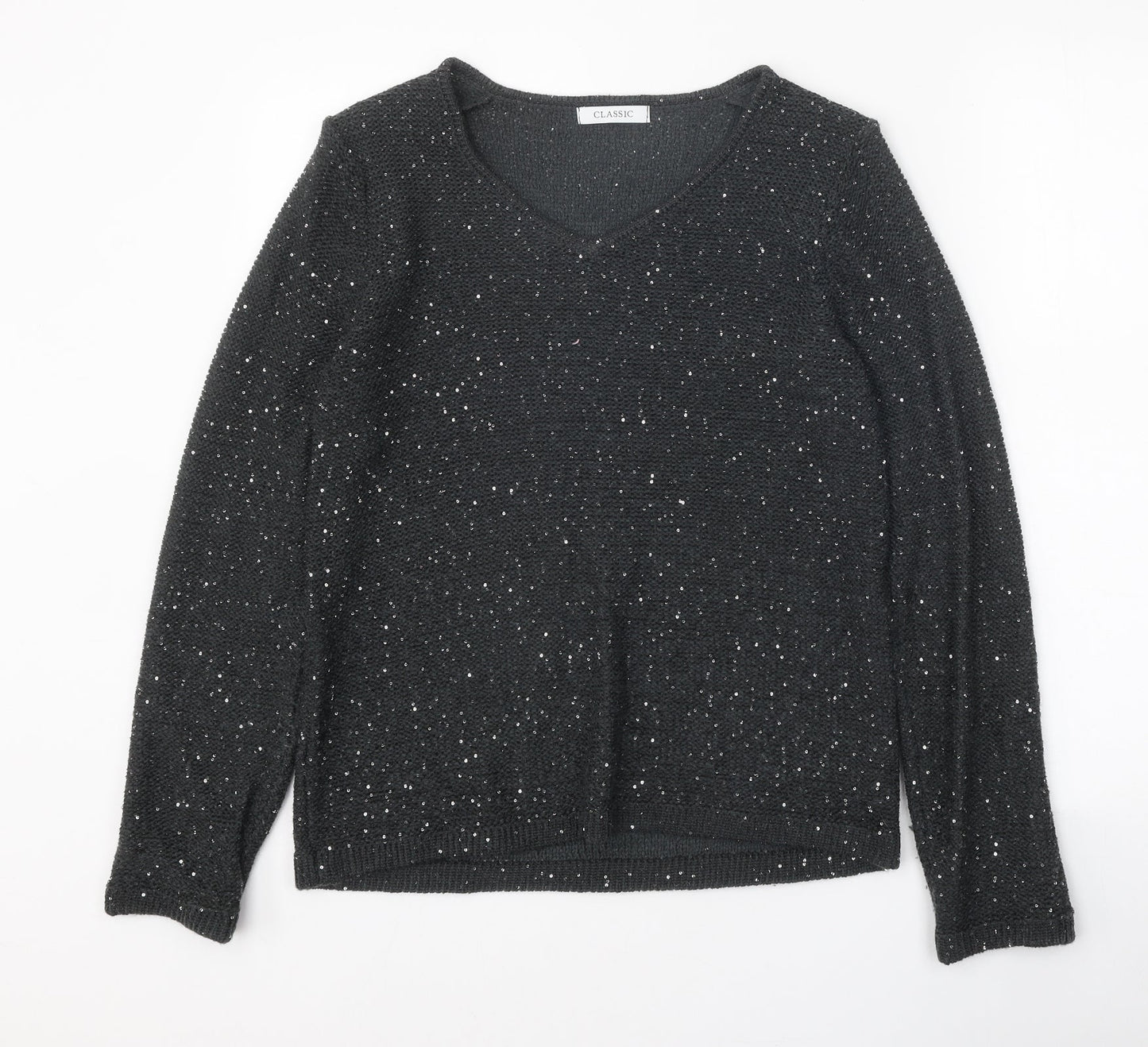 Classic Womens Grey V-Neck Acrylic Pullover Jumper Size 12