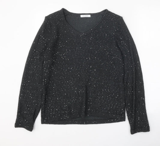 Classic Womens Grey V-Neck Acrylic Pullover Jumper Size 12