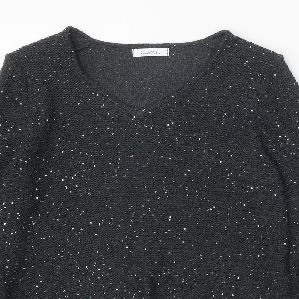 Classic Womens Grey V-Neck Acrylic Pullover Jumper Size 12