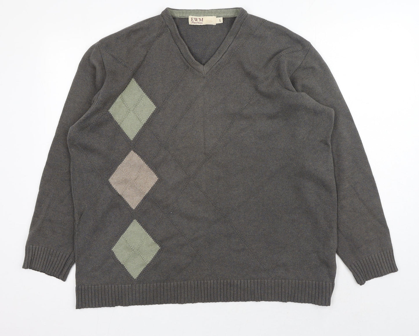 EWM Mens Grey V-Neck Cotton Pullover Jumper Size L