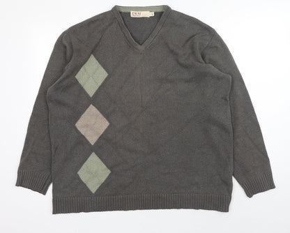 EWM Mens Grey V-Neck Cotton Pullover Jumper Size L