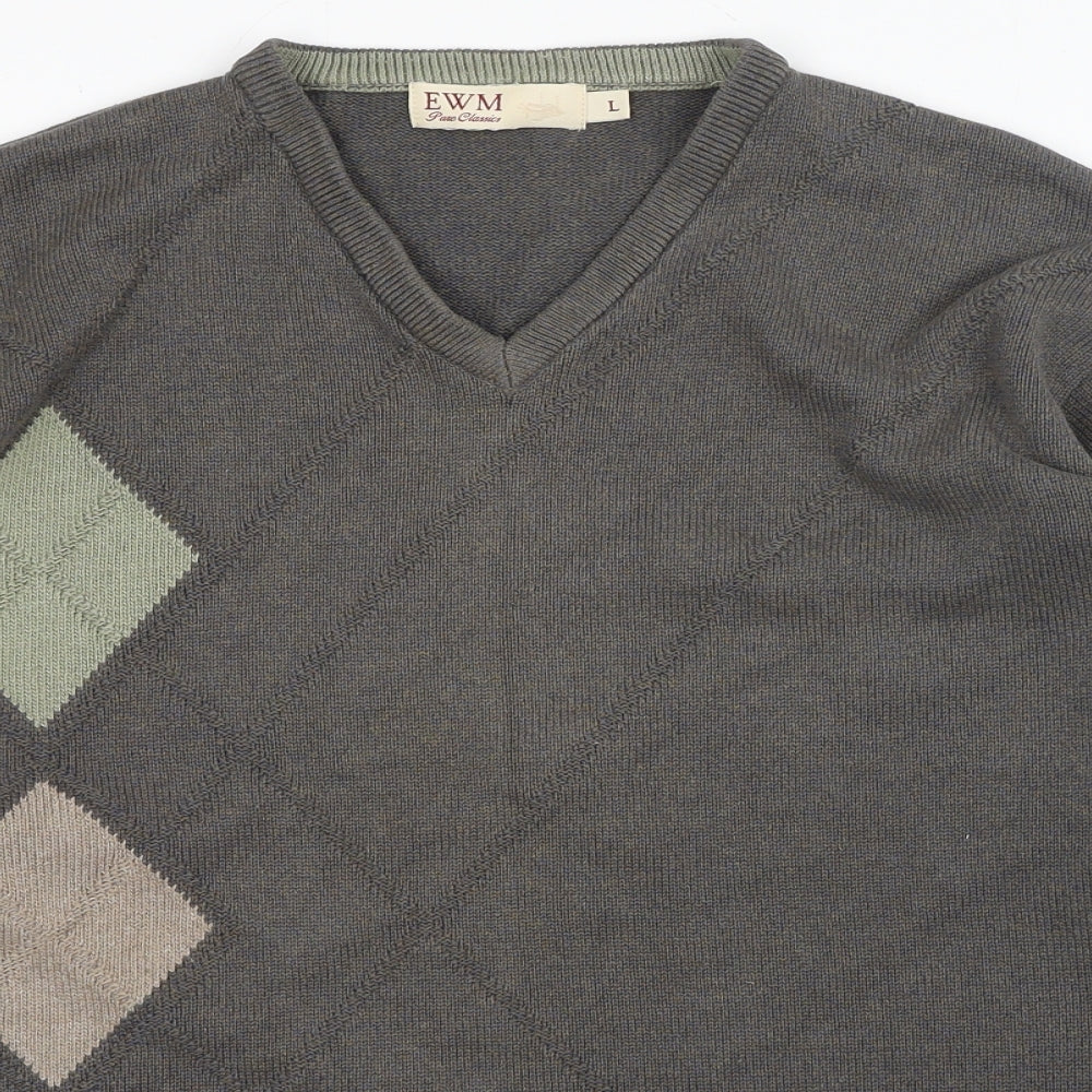 EWM Mens Grey V-Neck Cotton Pullover Jumper Size L