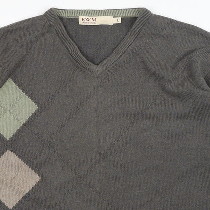 EWM Mens Grey V-Neck Cotton Pullover Jumper Size L