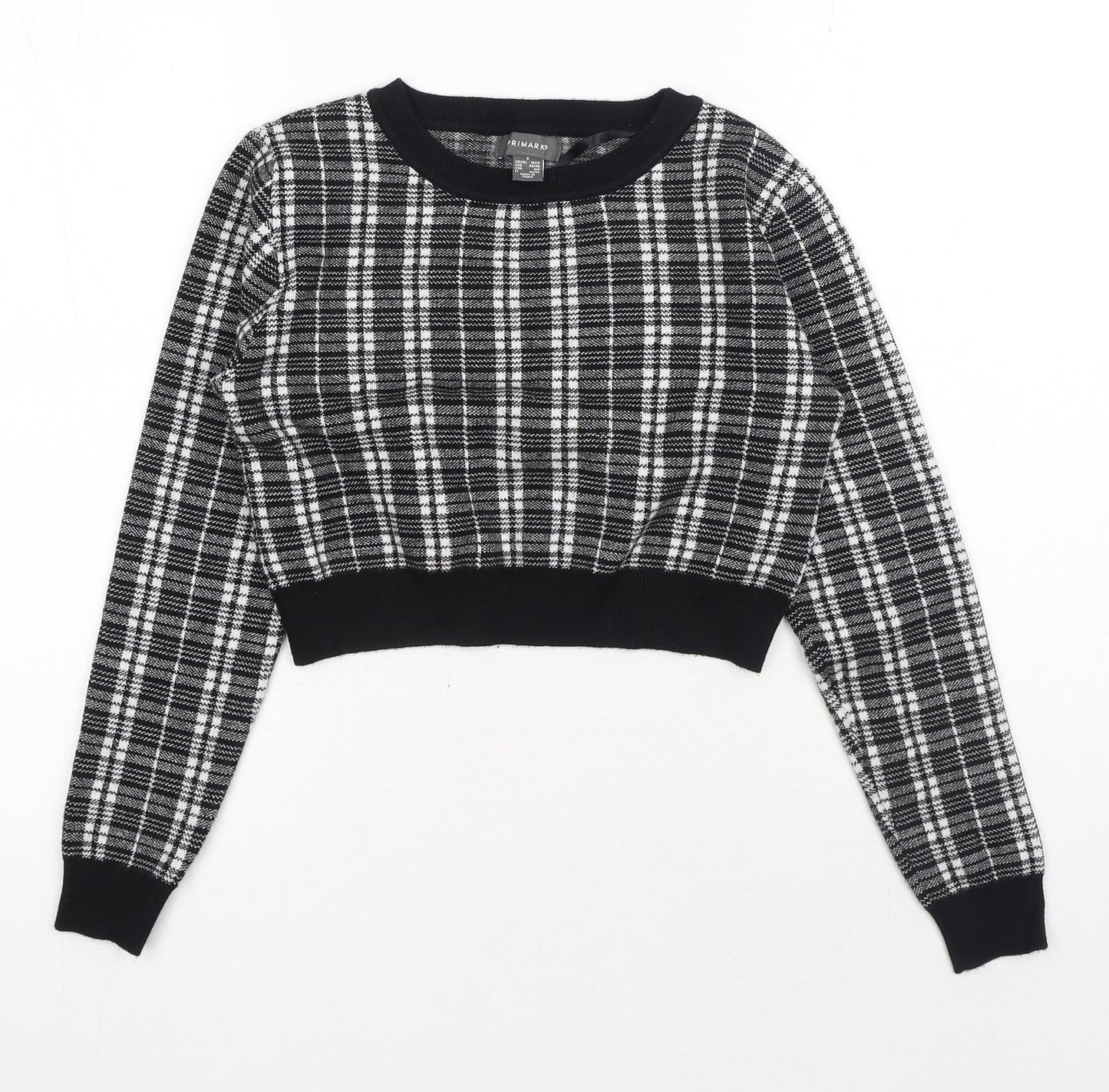 Primark Womens Black Round Neck Plaid Viscose Pullover Jumper Size S