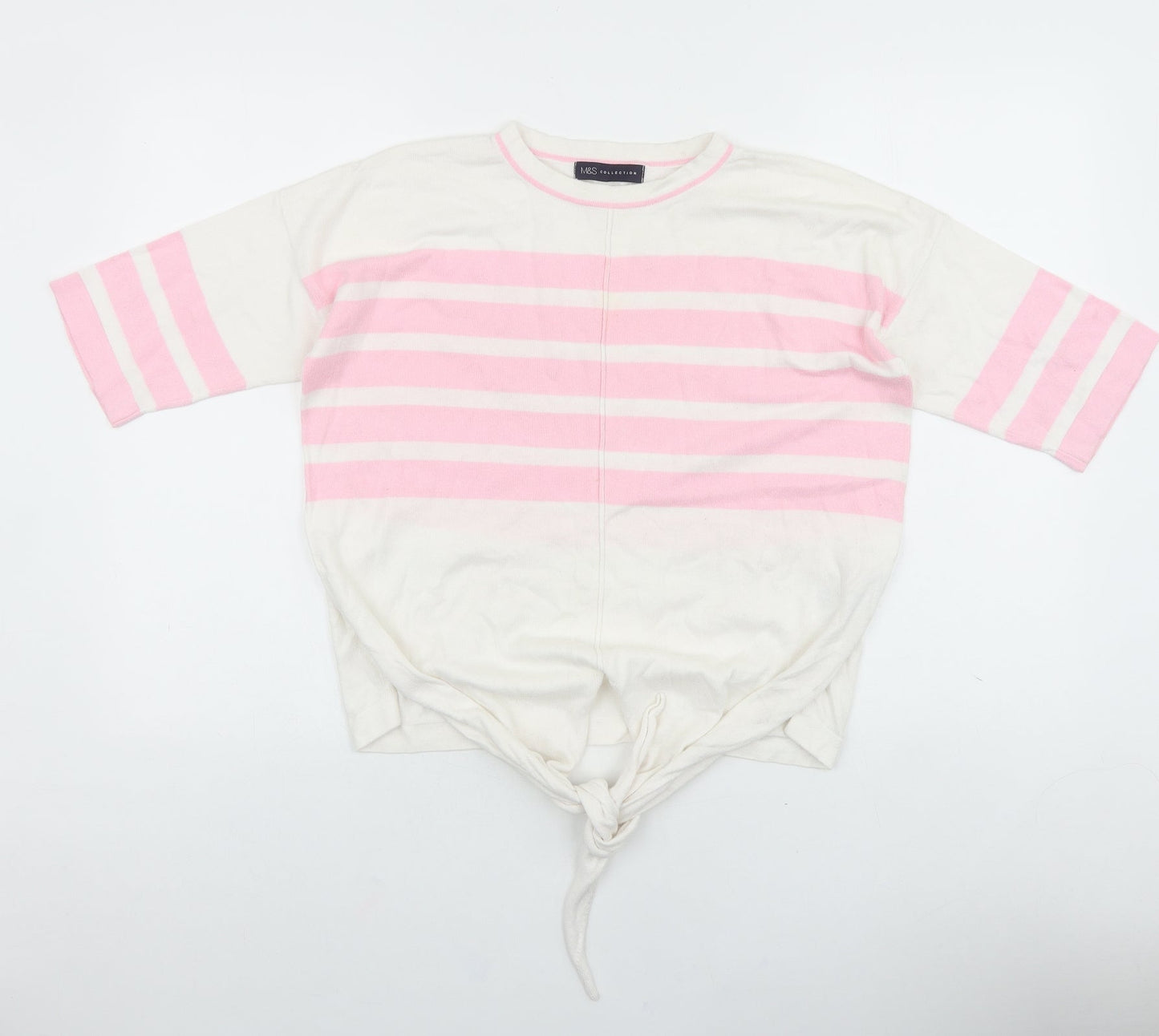 Marks and Spencer Womens Pink Striped 100% Cotton Basic T-Shirt Size S Round Neck