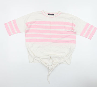 Marks and Spencer Womens Pink Striped 100% Cotton Basic T-Shirt Size S Round Neck