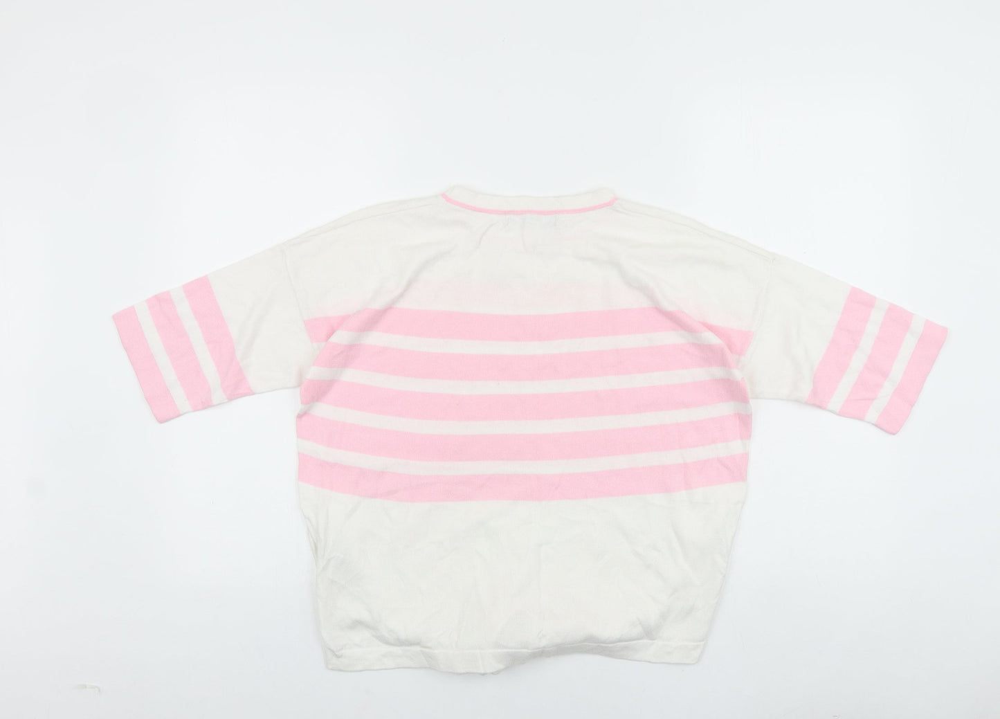 Marks and Spencer Womens Pink Striped 100% Cotton Basic T-Shirt Size S Round Neck