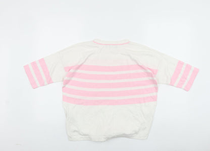 Marks and Spencer Womens Pink Striped 100% Cotton Basic T-Shirt Size S Round Neck