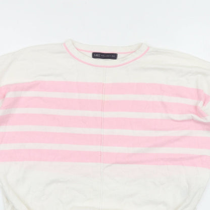 Marks and Spencer Womens Pink Striped 100% Cotton Basic T-Shirt Size S Round Neck