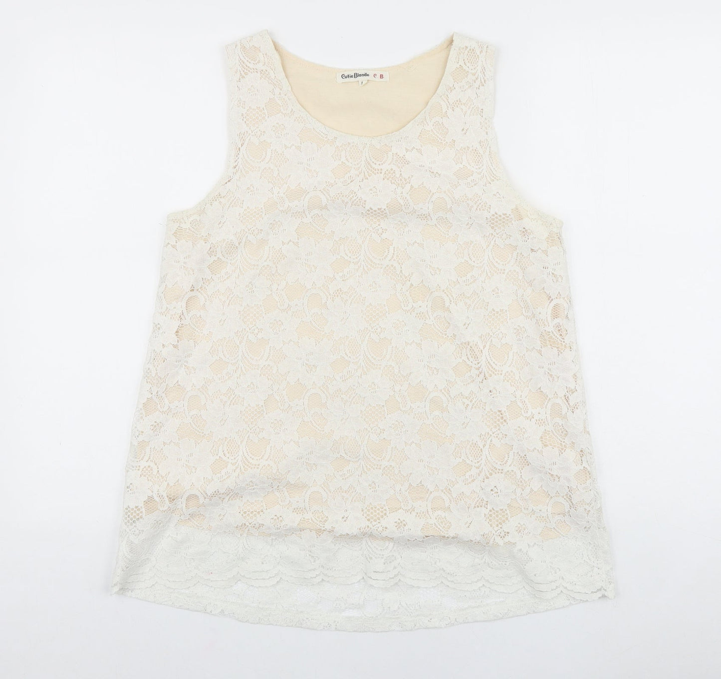 Cutie Blonde Womens White Floral Viscose Basic Tank Size L Scoop Neck