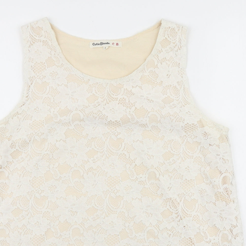 Cutie Blonde Womens White Floral Viscose Basic Tank Size L Scoop Neck