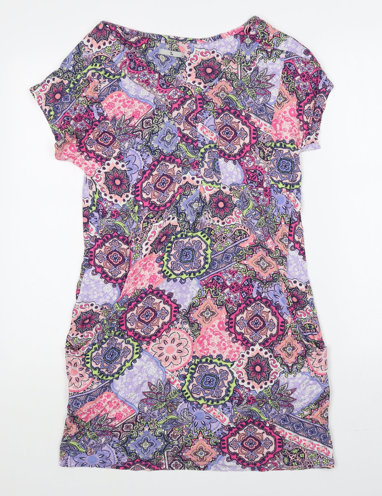 TU Womens Ivory Geometric Viscose Shift Size 10 V-Neck Pullover