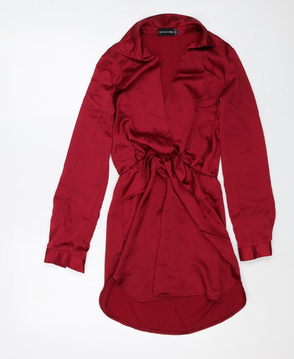 PRETTYLITTLETHING Womens Red Polyester Shirt Dress Size 6 Collared Pullover