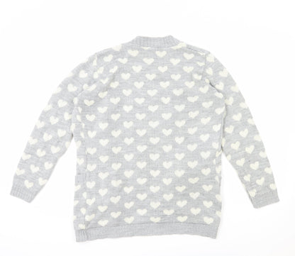 Club L Womens Grey V-Neck Geometric Acrylic Cardigan Jumper Size 12 - Love heart