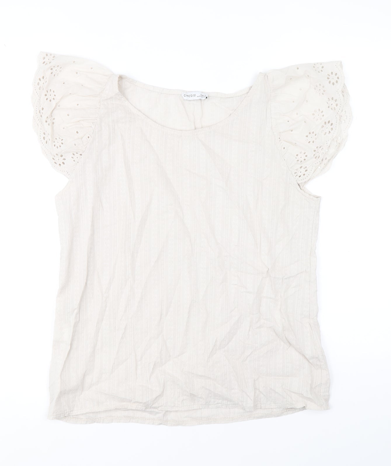 Civico 51 Womens Beige 100% Cotton Basic Blouse Size S Scoop Neck - Broder Anglaise Sleeve Detail