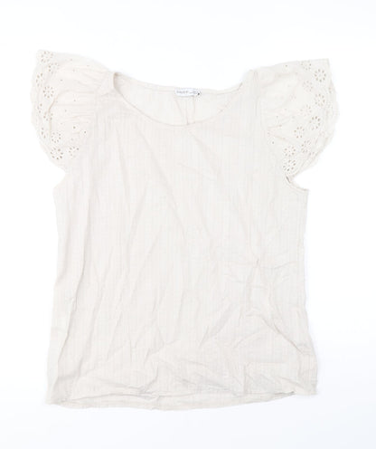 Civico 51 Womens Beige 100% Cotton Basic Blouse Size S Scoop Neck - Broder Anglaise Sleeve Detail