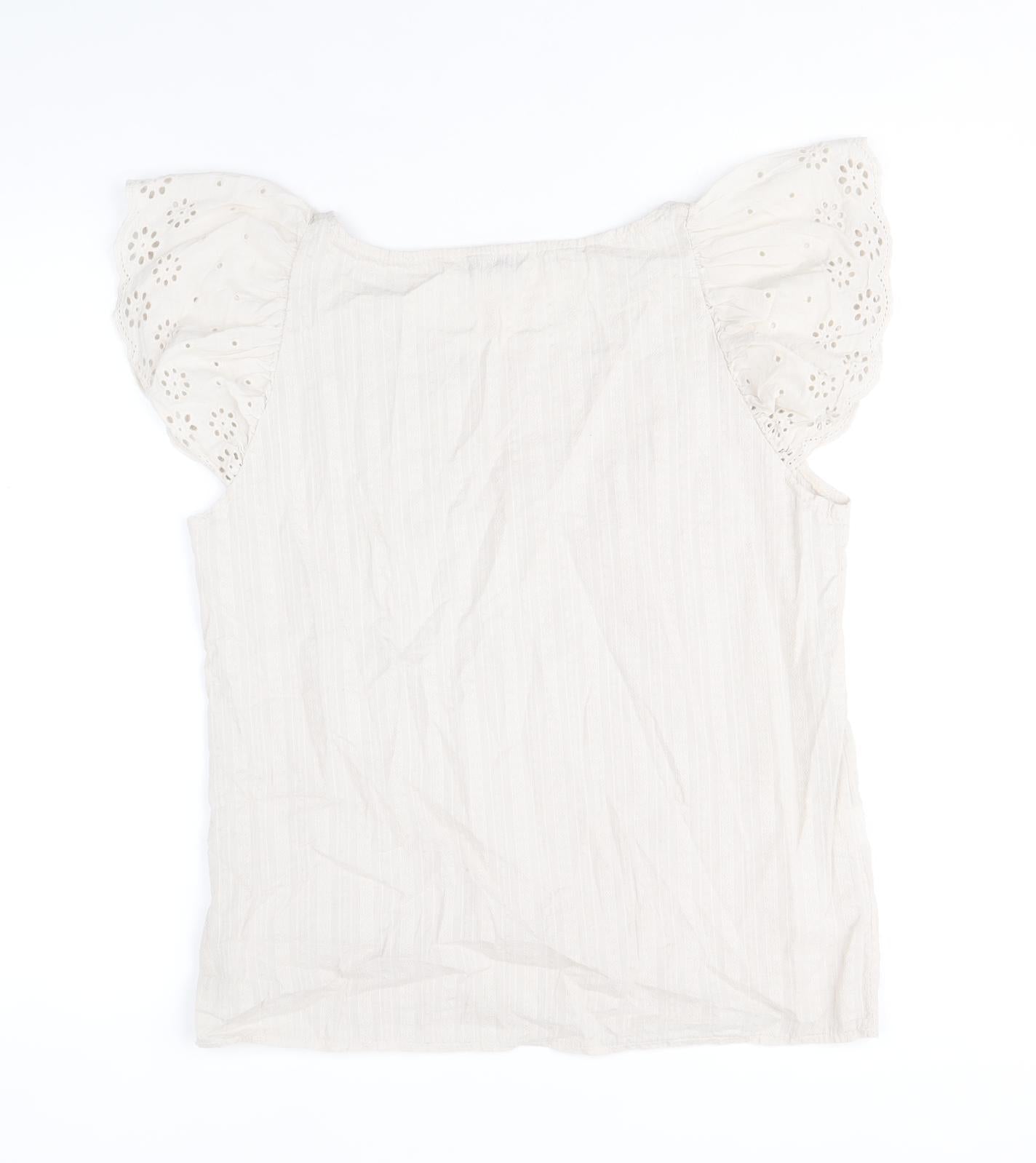 Civico 51 Womens Beige 100% Cotton Basic Blouse Size S Scoop Neck - Broder Anglaise Sleeve Detail