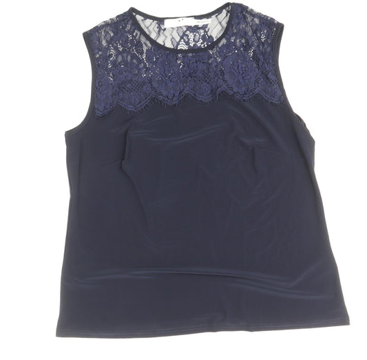 Julipa Womens Blue Floral Polyamide Basic Tank Size 16 Round Neck