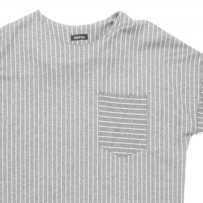 Boohoo Womens Grey Striped Polyester Shirt Dress Size 12 Round Neck Pullover