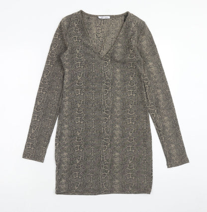 Zara Womens Grey Animal Print Polyester Mini Size S V-Neck Pullover - Snake Print