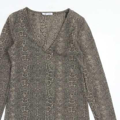 Zara Womens Grey Animal Print Polyester Mini Size S V-Neck Pullover - Snake Print
