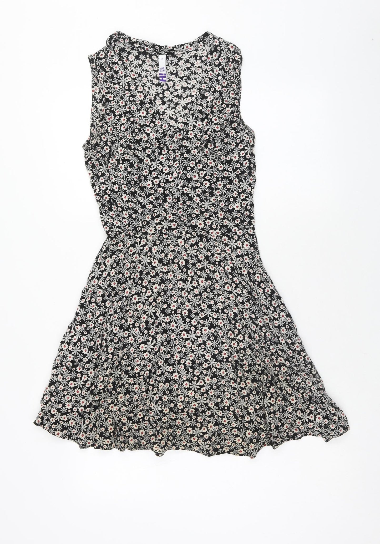 Henry Holland Womens Black Floral Viscose A-Line Size 10 V-Neck Button