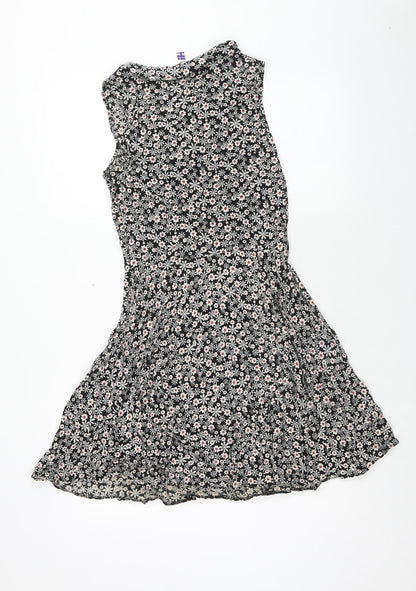 Henry Holland Womens Black Floral Viscose A-Line Size 10 V-Neck Button