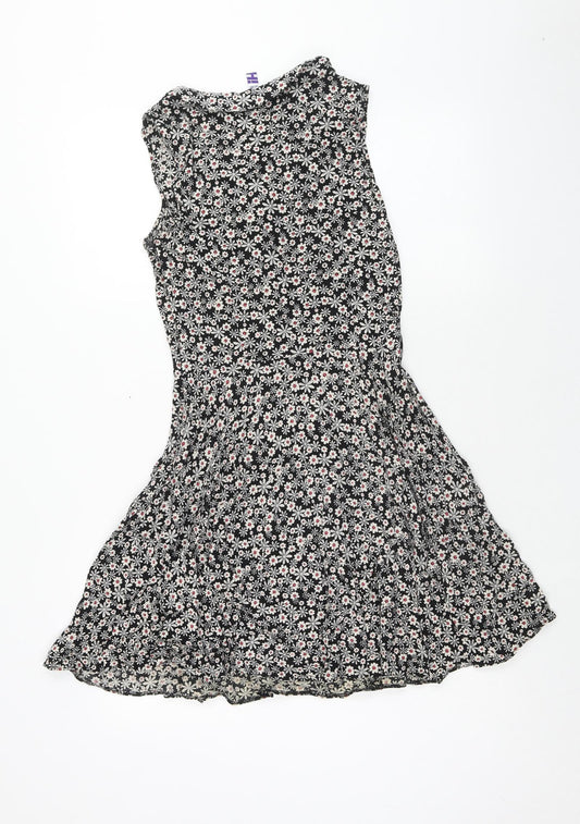 Henry Holland Womens Black Floral Viscose A-Line Size 10 V-Neck Button