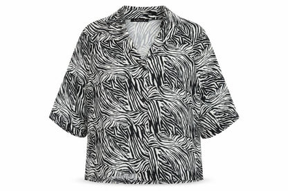 Lasula Womens Black Animal Print Polyester Basic Blouse Size 12 V-Neck - Zebra Pattern