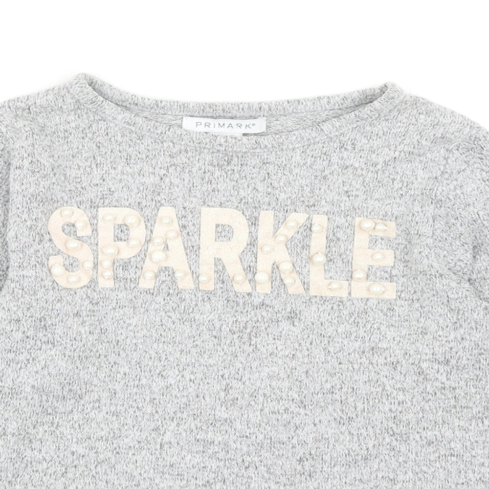 Primark Girls Grey Round Neck Acrylic Pullover Jumper Size 6-7 Years Pullover - Sparkle