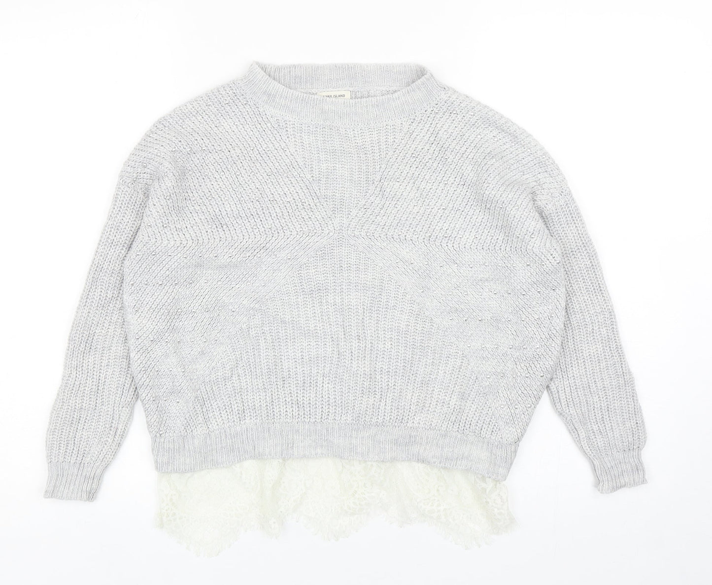 River Island Girls Grey Round Neck Acrylic Pullover Jumper Size 9-10 Years Pullover - Lace Hem