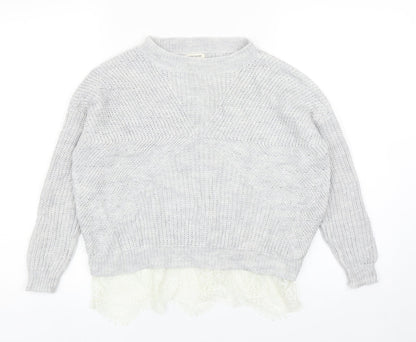 River Island Girls Grey Round Neck Acrylic Pullover Jumper Size 9-10 Years Pullover - Lace Hem