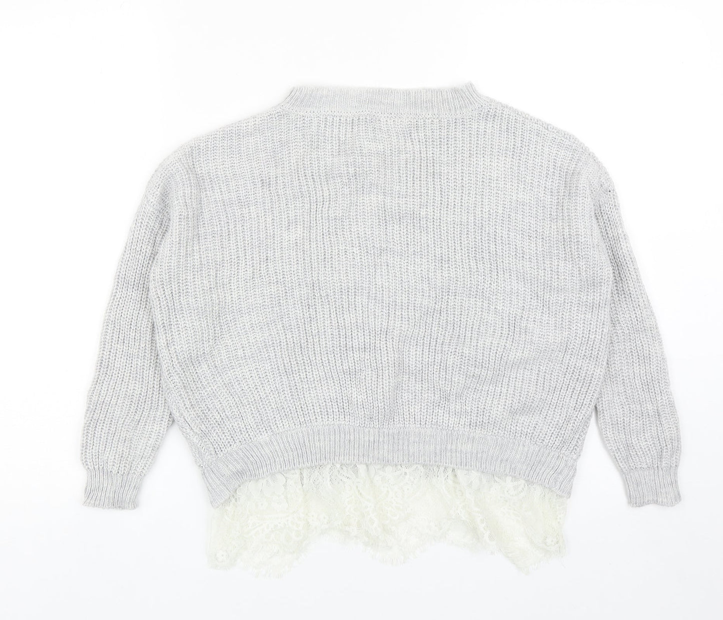 River Island Girls Grey Round Neck Acrylic Pullover Jumper Size 9-10 Years Pullover - Lace Hem
