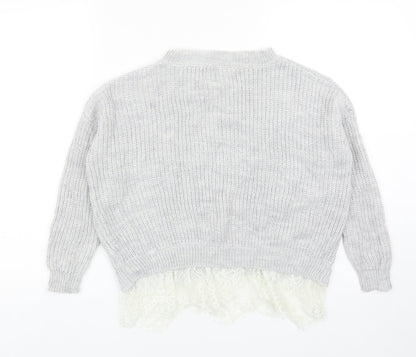 River Island Girls Grey Round Neck Acrylic Pullover Jumper Size 9-10 Years Pullover - Lace Hem