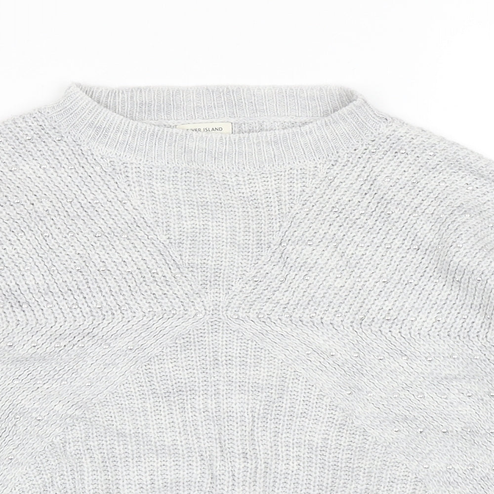 River Island Girls Grey Round Neck Acrylic Pullover Jumper Size 9-10 Years Pullover - Lace Hem