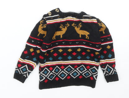 Mini Club Baby Black Fair Isle Cotton Pullover Jumper Size 9-12 Months Button - Christmas