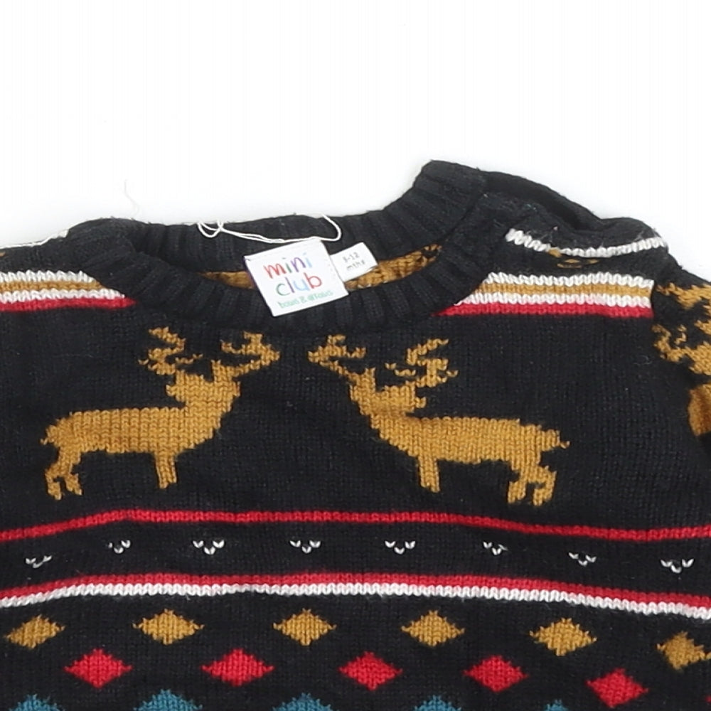 Mini Club Baby Black Fair Isle Cotton Pullover Jumper Size 9-12 Months Button - Christmas